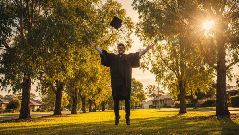A proud graduate, cap triumphantly thrown, framed against the vibrant backdrop of a Bentleigh East park at golden hour, celebrating their Bentleigh East Graduation Photography Capturing Epic Milestones with dramatic, joyful light and a cinematic feel.