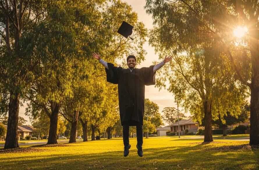 A proud graduate, cap triumphantly thrown, framed against the vibrant backdrop of a Bentleigh East park at golden hour, celebrating their Bentleigh East Graduation Photography Capturing Epic Milestones with dramatic, joyful light and a cinematic feel.