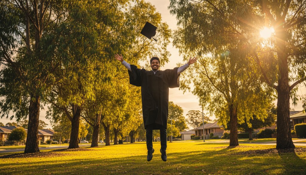 A proud graduate, cap triumphantly thrown, framed against the vibrant backdrop of a Bentleigh East park at golden hour, celebrating their Bentleigh East Graduation Photography Capturing Epic Milestones with dramatic, joyful light and a cinematic feel.
