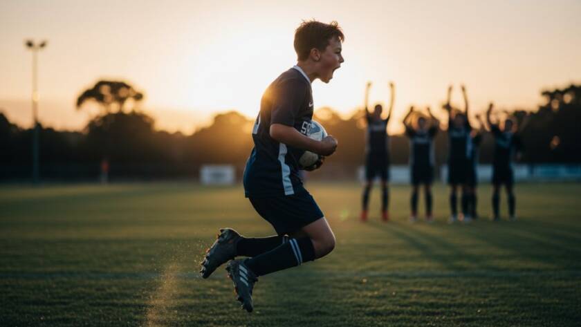 A dynamic, low-angle shot of a young athlete, mid-action, triumphantly scoring a goal on a Bentleigh East sports field, sweat glistening, with a blurred backdrop of cheering teammates, embodying Bentleigh East junior sports photography capturing raw emotion.