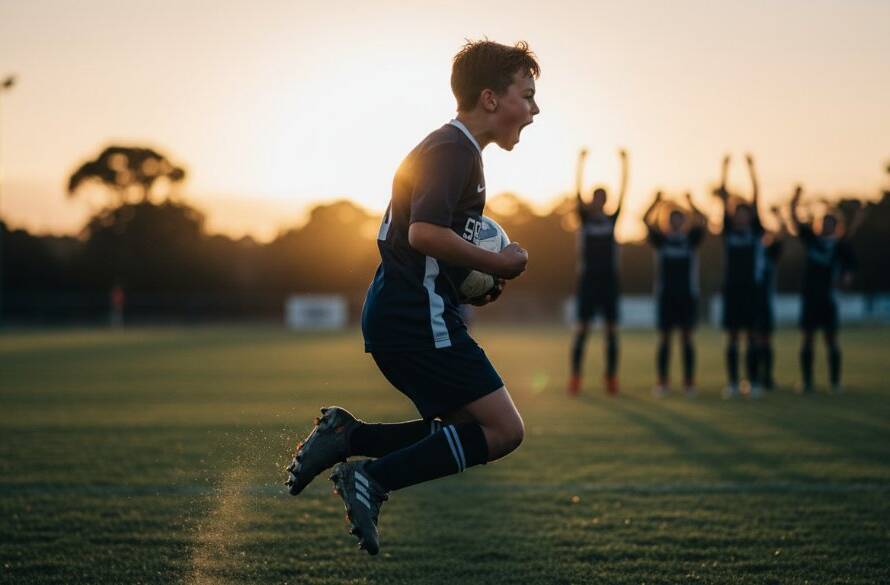 A dynamic, low-angle shot of a young athlete, mid-action, triumphantly scoring a goal on a Bentleigh East sports field, sweat glistening, with a blurred backdrop of cheering teammates, embodying Bentleigh East junior sports photography capturing raw emotion.