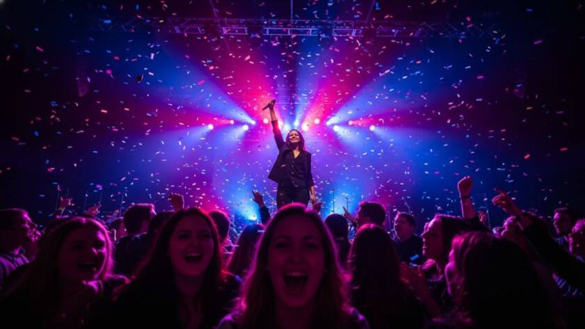 Dynamic wide shot capturing an electrifying moment of Bentleigh East live music photography storytelling, with a lead singer silhouetted against vibrant stage lights, a cheering crowd in the foreground, showcasing raw energy and passion.