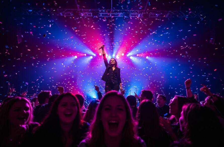 Dynamic wide shot capturing an electrifying moment of Bentleigh East live music photography storytelling, with a lead singer silhouetted against vibrant stage lights, a cheering crowd in the foreground, showcasing raw energy and passion.