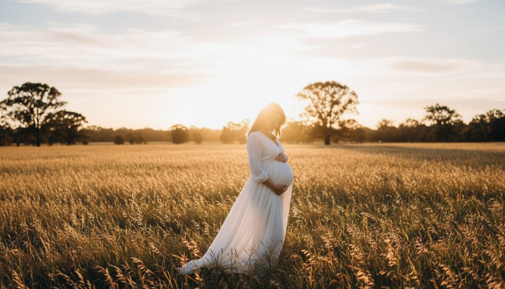 A glowing pregnant woman in a flowing gown, silhouetted against a golden sunset in a lush Bentleigh East park, during her bentleigh east outdoor maternity photography session, embodying serene anticipation.