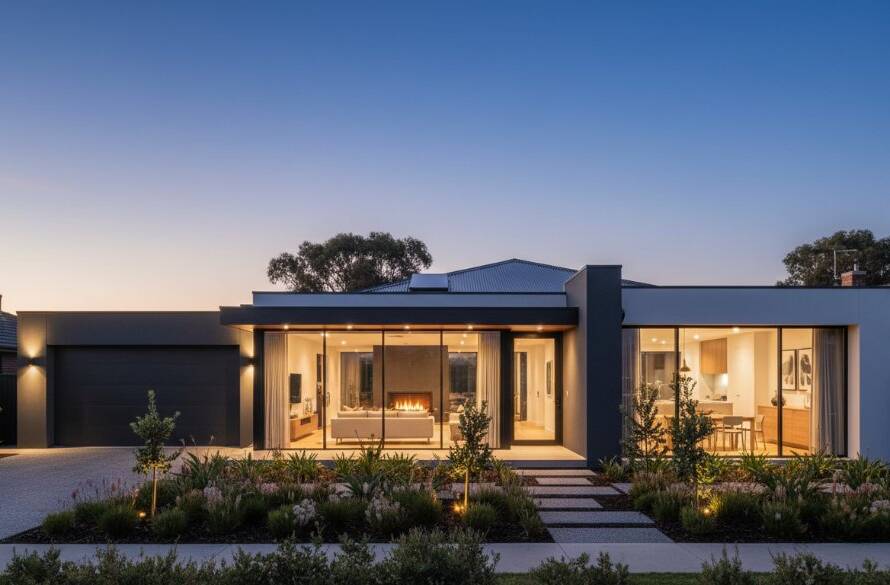A stunning, wide-angle, dusk shot of a beautifully staged modern home in Bentleigh East, showcasing its illuminated interior and manicured garden with a dramatic, twilight sky overhead, emphasising Bentleigh East property photography for premium listings through professional composition and lighting.