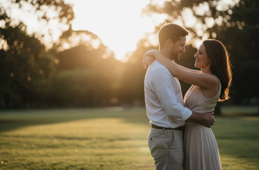 A couple shares a tender, dramatic moment during their Bentleigh East romantic pre-wedding photo shoot Victoria at sunset, with golden light illuminating them against a blurred, leafy park backdrop, capturing their joyful anticipation.