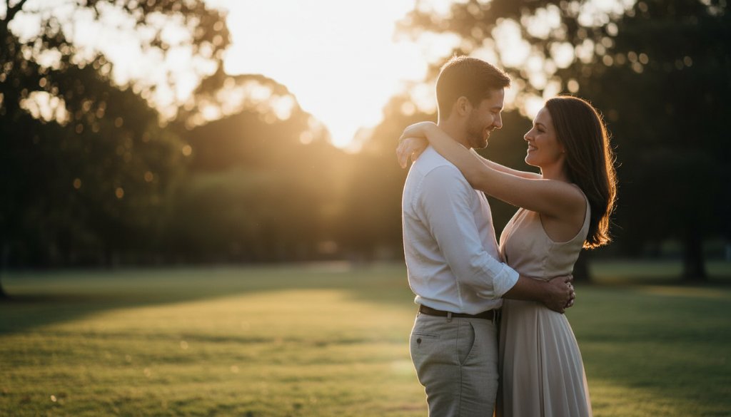 A couple shares a tender, dramatic moment during their Bentleigh East romantic pre-wedding photo shoot Victoria at sunset, with golden light illuminating them against a blurred, leafy park backdrop, capturing their joyful anticipation.