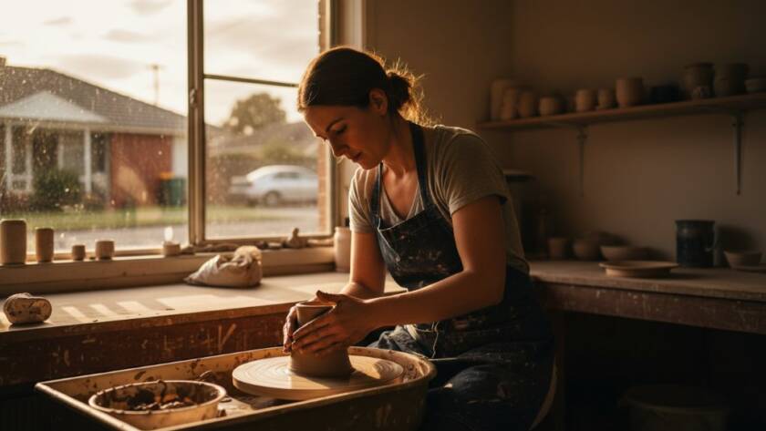 Dramatic wide shot of a local artisan in Bentleigh East showcasing handcrafted pottery, bathed in golden hour light, reflecting the essence of Bentleigh East small business branding photography.