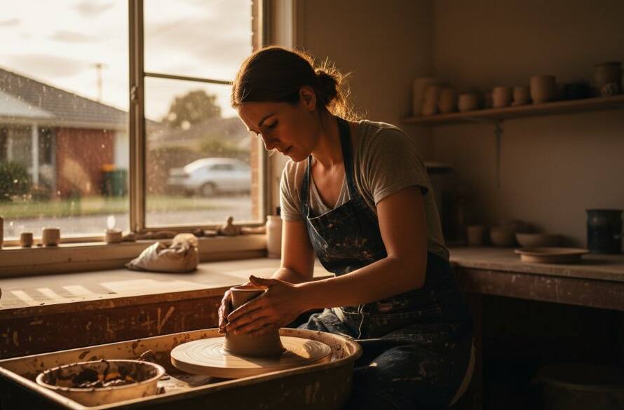 Dramatic wide shot of a local artisan in Bentleigh East showcasing handcrafted pottery, bathed in golden hour light, reflecting the essence of Bentleigh East small business branding photography.