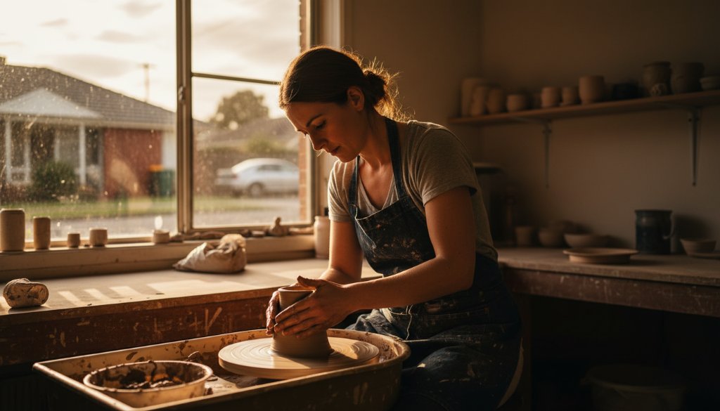 Dramatic wide shot of a local artisan in Bentleigh East showcasing handcrafted pottery, bathed in golden hour light, reflecting the essence of Bentleigh East small business branding photography.