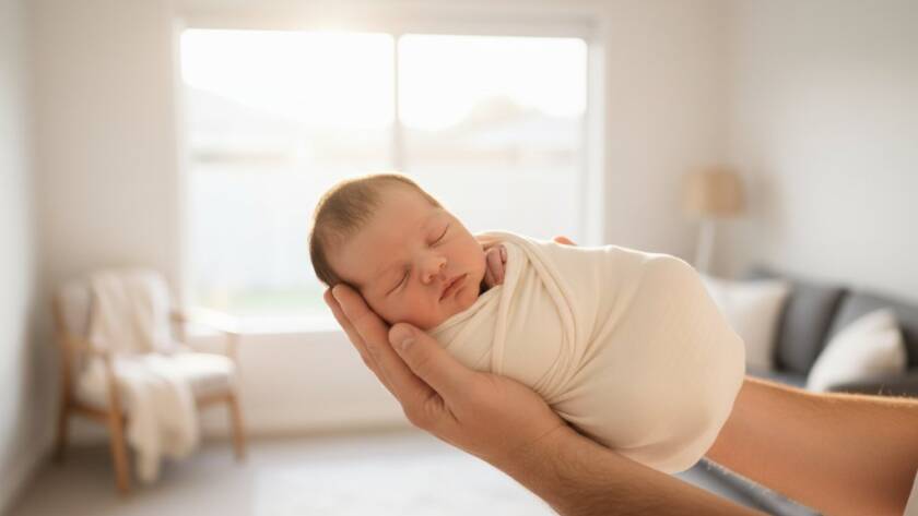 A breathtaking close-up of a peacefully sleeping newborn baby swaddled in soft white fabric, gently cradled in a parent's hands, bathed in a warm, ethereal glow from a window in a Bentleigh East home, capturing the pure innocence and connection for Bentleigh East VIC delicate newborn photoshoots.