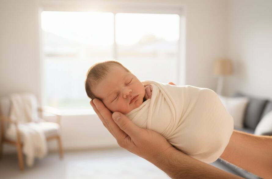 A breathtaking close-up of a peacefully sleeping newborn baby swaddled in soft white fabric, gently cradled in a parent's hands, bathed in a warm, ethereal glow from a window in a Bentleigh East home, capturing the pure innocence and connection for Bentleigh East VIC delicate newborn photoshoots.