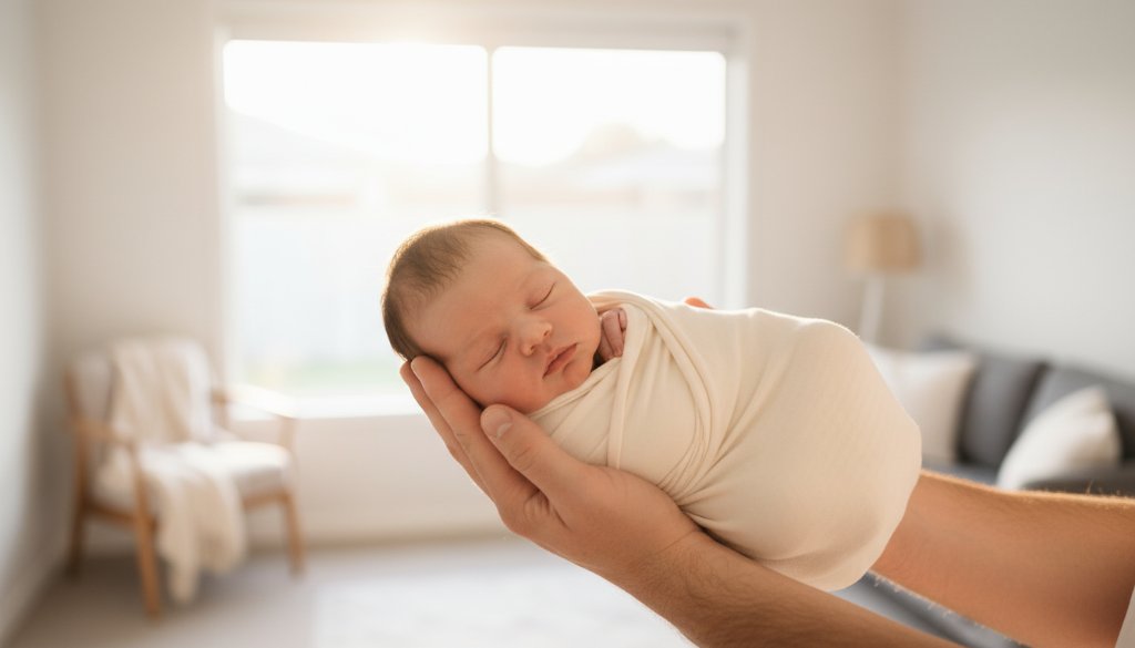 A breathtaking close-up of a peacefully sleeping newborn baby swaddled in soft white fabric, gently cradled in a parent's hands, bathed in a warm, ethereal glow from a window in a Bentleigh East home, capturing the pure innocence and connection for Bentleigh East VIC delicate newborn photoshoots.
