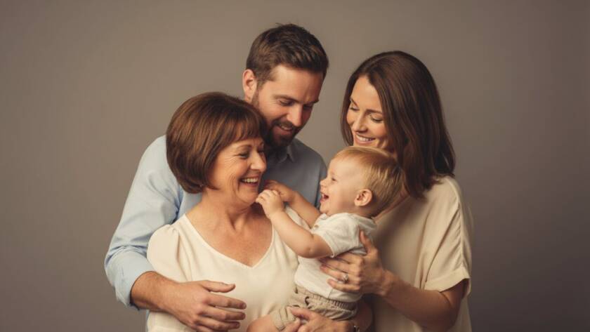 A heartwarming, professionally lit portrait capturing a joyful Bentleigh family studio photography experience, with parents embracing their laughing child in a moment of pure connection, evoking warmth and love.