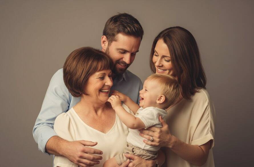 A heartwarming, professionally lit portrait capturing a joyful Bentleigh family studio photography experience, with parents embracing their laughing child in a moment of pure connection, evoking warmth and love.