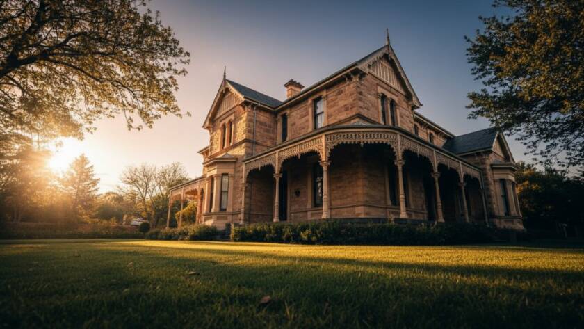 An epic, dramatic low-angle shot of a beautifully restored Victorian era home in Bentleigh, showcasing intricate iron lacework and grand facade under a dramatic sunset sky with vibrant colours, exemplifying expert Bentleigh heritage architecture photography.