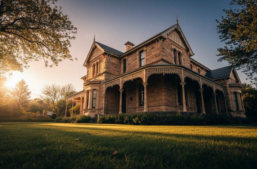 An epic, dramatic low-angle shot of a beautifully restored Victorian era home in Bentleigh, showcasing intricate iron lacework and grand facade under a dramatic sunset sky with vibrant colours, exemplifying expert Bentleigh heritage architecture photography.