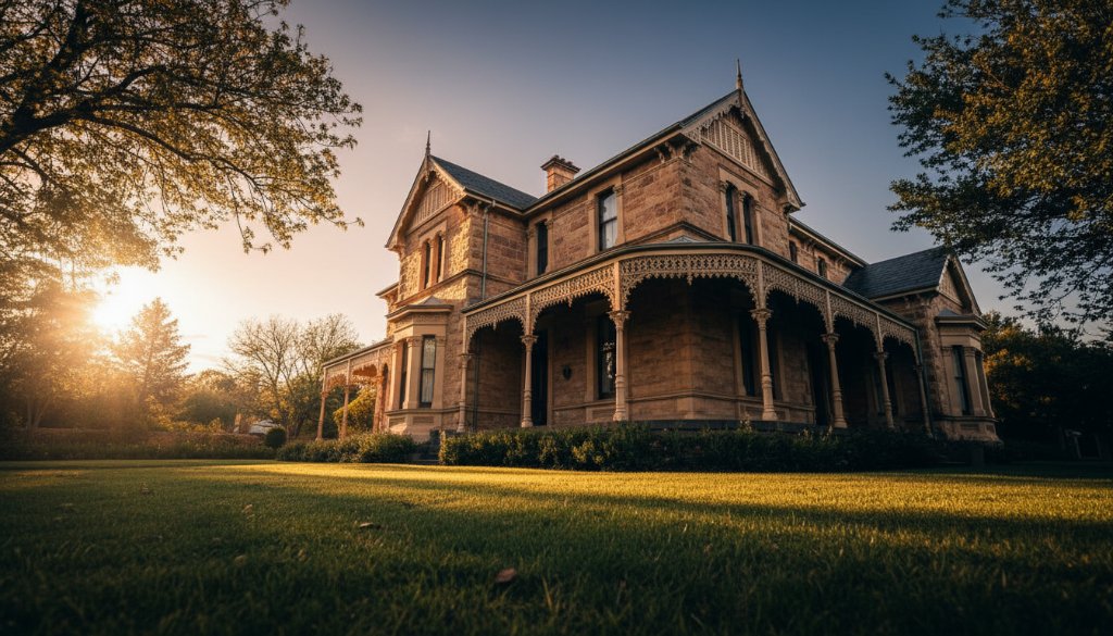 An epic, dramatic low-angle shot of a beautifully restored Victorian era home in Bentleigh, showcasing intricate iron lacework and grand facade under a dramatic sunset sky with vibrant colours, exemplifying expert Bentleigh heritage architecture photography.
