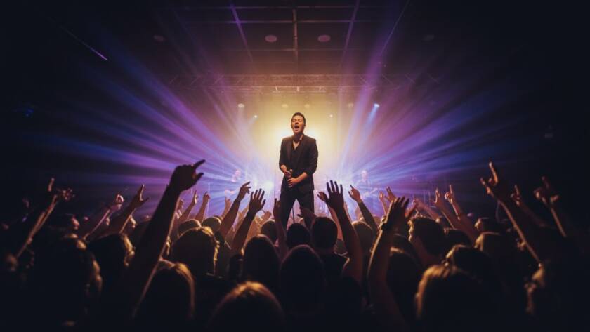 Dynamic wide shot of a lead guitarist mid-solo on stage at a Bentleigh venue, bathed in dramatic red and blue stage lights, capturing the electrifying Bentleigh Live Music Photography Vibe during an epic concert moment.
