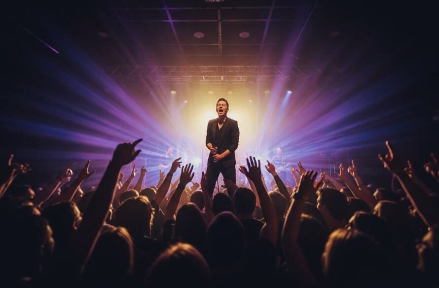 Dynamic wide shot of a lead guitarist mid-solo on stage at a Bentleigh venue, bathed in dramatic red and blue stage lights, capturing the electrifying Bentleigh Live Music Photography Vibe during an epic concert moment.