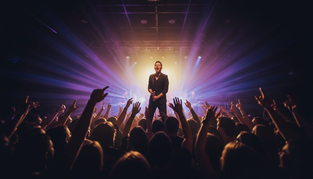 Dynamic wide shot of a lead guitarist mid-solo on stage at a Bentleigh venue, bathed in dramatic red and blue stage lights, capturing the electrifying Bentleigh Live Music Photography Vibe during an epic concert moment.