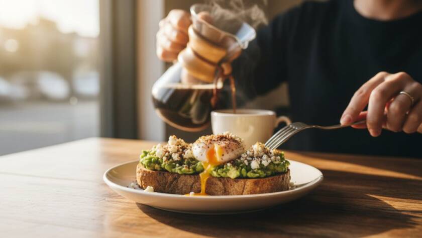 Dramatic close-up photograph showcasing Bentleigh local food photography vibrant dishes, specifically a beautifully plated artisanal brunch item with natural light streaming from a cafe window, capturing steam rising from a coffee cup, conveying the cosy and inviting atmosphere of a Bentleigh eatery.