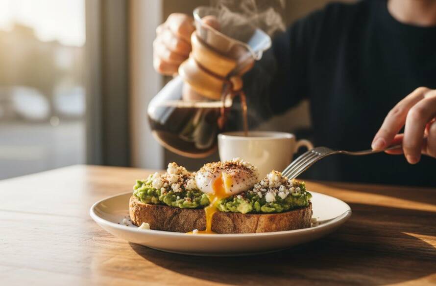 Dramatic close-up photograph showcasing Bentleigh local food photography vibrant dishes, specifically a beautifully plated artisanal brunch item with natural light streaming from a cafe window, capturing steam rising from a coffee cup, conveying the cosy and inviting atmosphere of a Bentleigh eatery.