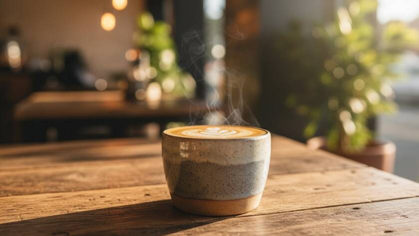 Dynamic hero shot showcasing Bentleigh local product photography, with a perfectly lit artisan coffee blend package dramatically presented against a blurred backdrop of a bustling Bentleigh cafe, capturing the essence of local commerce and artisanal quality with professional colour grading.
