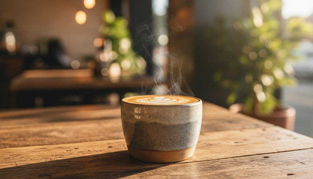 Dynamic hero shot showcasing Bentleigh local product photography, with a perfectly lit artisan coffee blend package dramatically presented against a blurred backdrop of a bustling Bentleigh cafe, capturing the essence of local commerce and artisanal quality with professional colour grading.