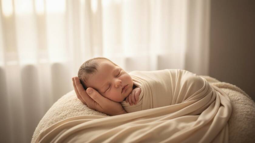 Close-up, dramatic portrait of a peaceful newborn baby swaddled in soft white fabric, bathed in warm, ethereal light from a window, with gentle parental hands softly cupping the baby's head, conveying the intimate and cherished Bentleigh newborn photography capturing fleeting moments.