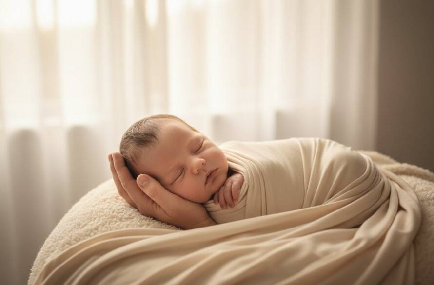 Close-up, dramatic portrait of a peaceful newborn baby swaddled in soft white fabric, bathed in warm, ethereal light from a window, with gentle parental hands softly cupping the baby's head, conveying the intimate and cherished Bentleigh newborn photography capturing fleeting moments.