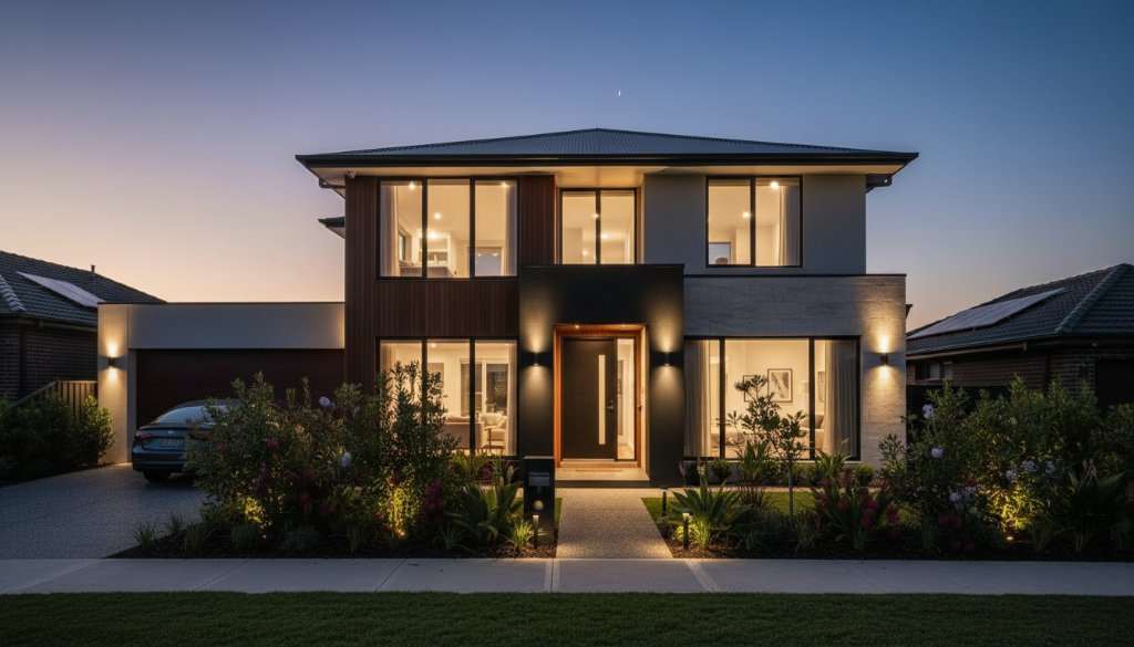 Dramatic wide-angle shot of a beautifully staged modern family home in Bentleigh, bathed in warm sunset light, highlighting exquisite architectural details and lush gardens, epitomising Bentleigh real estate photography showcasing modern family homes.