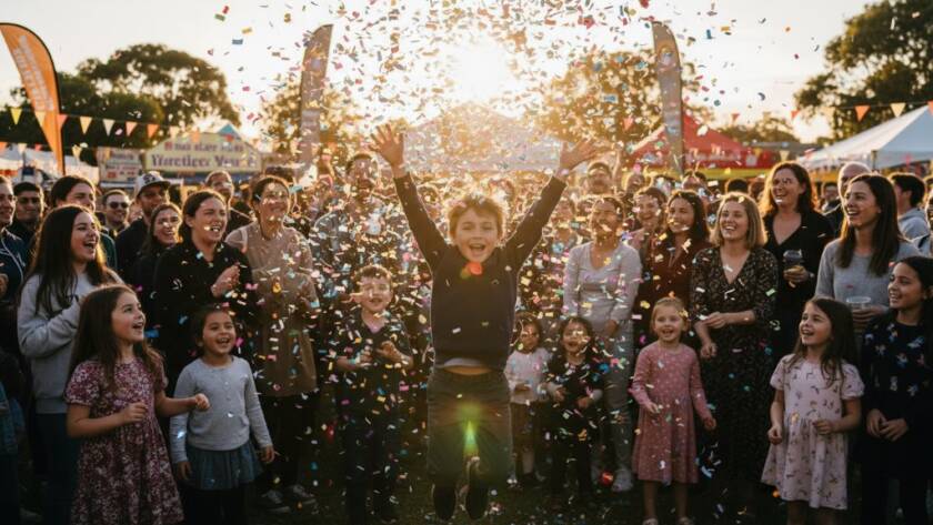 Bentleigh vibrant community event photography capturing a moment of pure joy: a child laughing as colourful confetti rains down at a lively Bentleigh festival, with warm, dramatic lighting illuminating their face and the festive crowd in the background, taken by a professional event photographer.