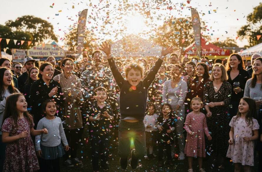 Bentleigh vibrant community event photography capturing a moment of pure joy: a child laughing as colourful confetti rains down at a lively Bentleigh festival, with warm, dramatic lighting illuminating their face and the festive crowd in the background, taken by a professional event photographer.