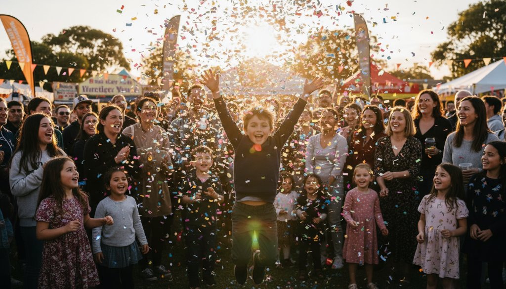 Bentleigh vibrant community event photography capturing a moment of pure joy: a child laughing as colourful confetti rains down at a lively Bentleigh festival, with warm, dramatic lighting illuminating their face and the festive crowd in the background, taken by a professional event photographer.