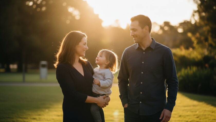 An ethereal family portrait captured through Bentleigh Victoria Fine Art Photography for Unique Portraits, featuring soft golden light illuminating a candid, joyful moment in a Bentleigh garden, professionally colour-graded with a cinematic feel.