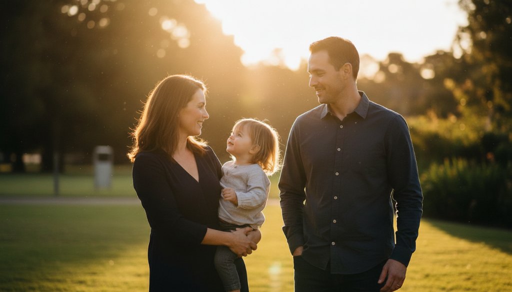 An ethereal family portrait captured through Bentleigh Victoria Fine Art Photography for Unique Portraits, featuring soft golden light illuminating a candid, joyful moment in a Bentleigh garden, professionally colour-graded with a cinematic feel.