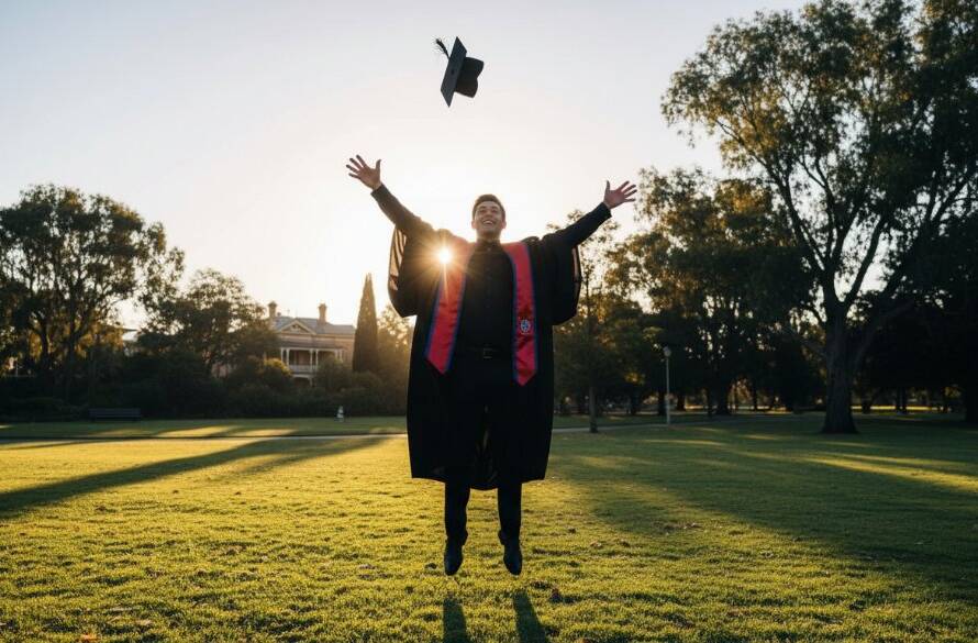A proud graduate in academic regalia, arms triumphantly raised against a golden hour sky, celebrating their Bentleigh Victorian graduation photography experience with a beaming smile and diploma in hand, overlooking a scenic Bentleigh park.