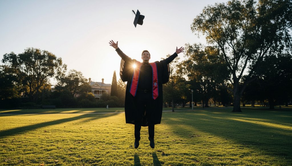 A proud graduate in academic regalia, arms triumphantly raised against a golden hour sky, celebrating their Bentleigh Victorian graduation photography experience with a beaming smile and diploma in hand, overlooking a scenic Bentleigh park.