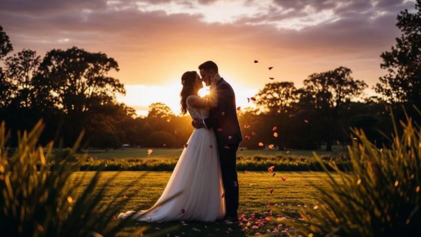 An ecstatic newlywed couple embracing under dramatic golden hour light in a Bentleigh park, celebrating Bentleigh wedding photography capturing joyful moments with a wide-angle, professional composition.