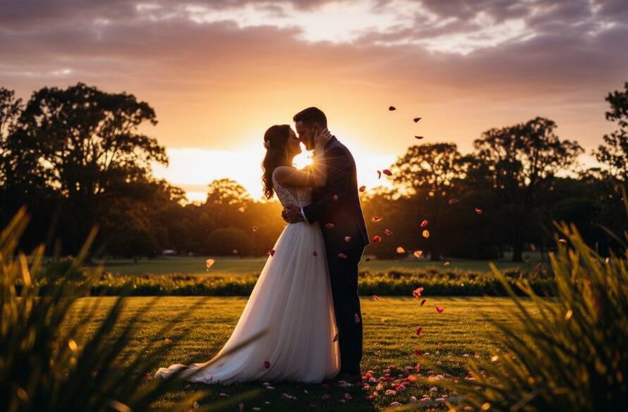An ecstatic newlywed couple embracing under dramatic golden hour light in a Bentleigh park, celebrating Bentleigh wedding photography capturing joyful moments with a wide-angle, professional composition.