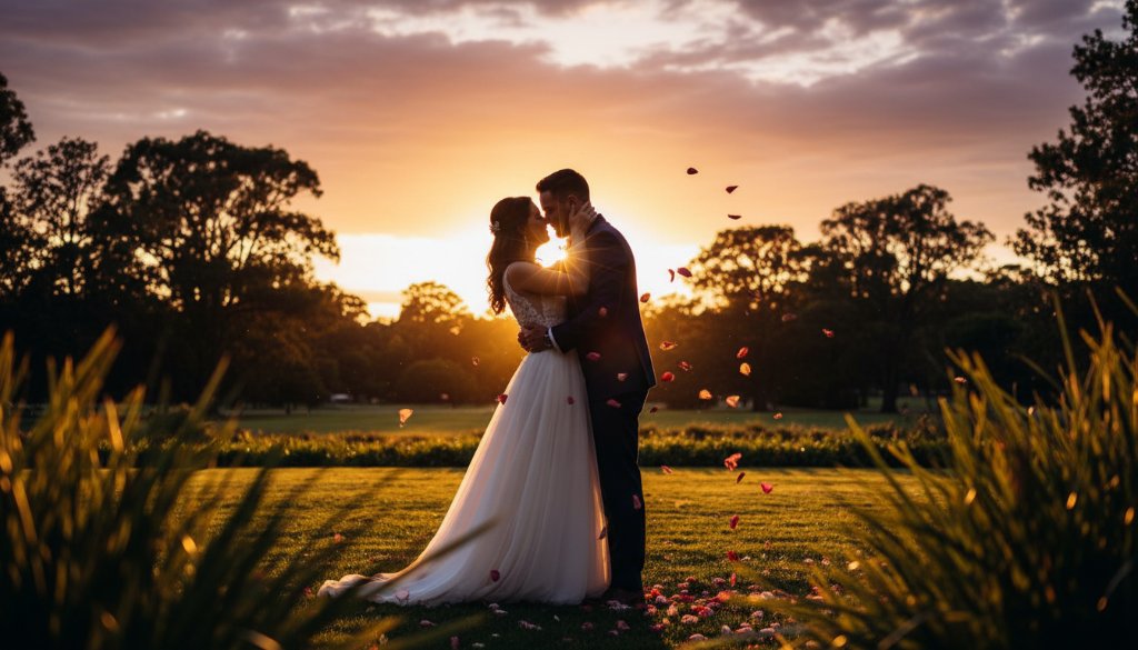 An ecstatic newlywed couple embracing under dramatic golden hour light in a Bentleigh park, celebrating Bentleigh wedding photography capturing joyful moments with a wide-angle, professional composition.