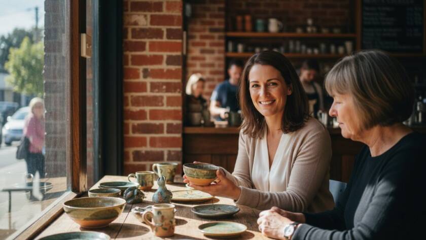 Dynamic, epic moment photograph showcasing a Berwick small business owner passionately discussing their handcrafted products with a client in a sunlit Berwick cafe, captured with expert Berwick bespoke branding photography for local businesses, emphasizing connection and authenticity.