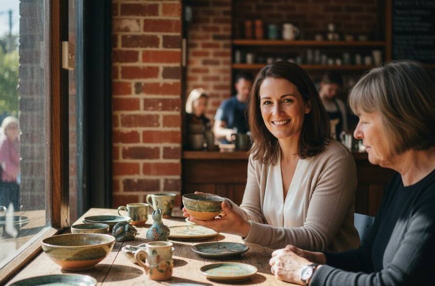 Dynamic, epic moment photograph showcasing a Berwick small business owner passionately discussing their handcrafted products with a client in a sunlit Berwick cafe, captured with expert Berwick bespoke branding photography for local businesses, emphasizing connection and authenticity.