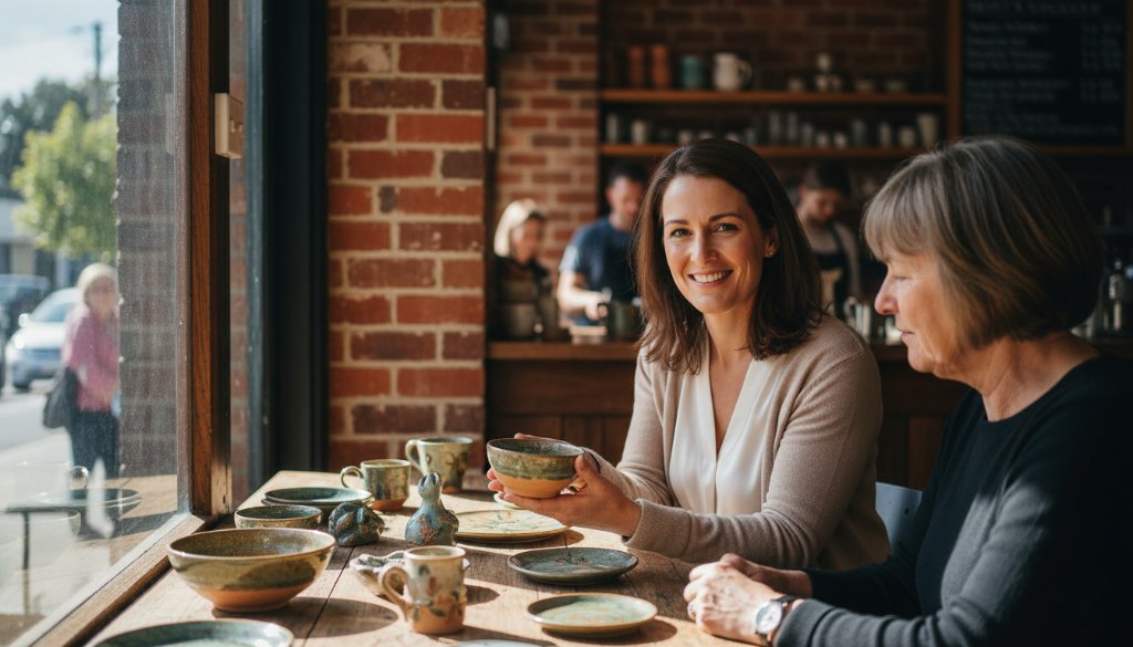 Dynamic, epic moment photograph showcasing a Berwick small business owner passionately discussing their handcrafted products with a client in a sunlit Berwick cafe, captured with expert Berwick bespoke branding photography for local businesses, emphasizing connection and authenticity.