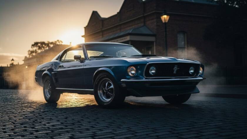 A dramatic, low-angle shot captured during Berwick Classic Car Event Photography, showcasing a gleaming vintage muscle car's chrome grille and powerful headlights under a golden hour sky, with a hint of historic Berwick architecture in the soft-focus background, conveying speed and classic elegance.
