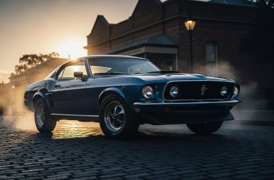 A dramatic, low-angle shot captured during Berwick Classic Car Event Photography, showcasing a gleaming vintage muscle car's chrome grille and powerful headlights under a golden hour sky, with a hint of historic Berwick architecture in the soft-focus background, conveying speed and classic elegance.