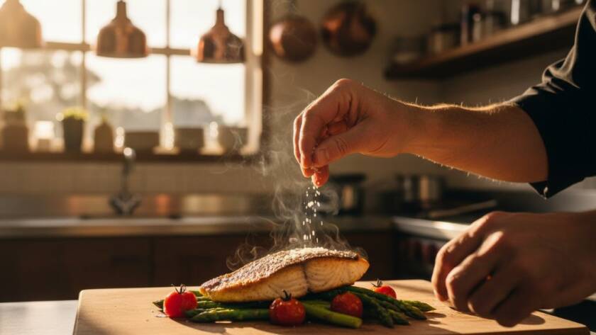 An epic moment captured in Berwick food photography stunning menu visuals: a chef's hand delicately garnishing a vibrant gourmet dish with microgreens, dramatic backlighting highlighting steam rising, set against a softly blurred rustic Berwick cafe interior, showcasing texture and freshness with professional color grading.