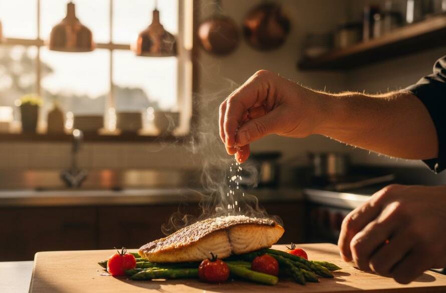 An epic moment captured in Berwick food photography stunning menu visuals: a chef's hand delicately garnishing a vibrant gourmet dish with microgreens, dramatic backlighting highlighting steam rising, set against a softly blurred rustic Berwick cafe interior, showcasing texture and freshness with professional color grading.