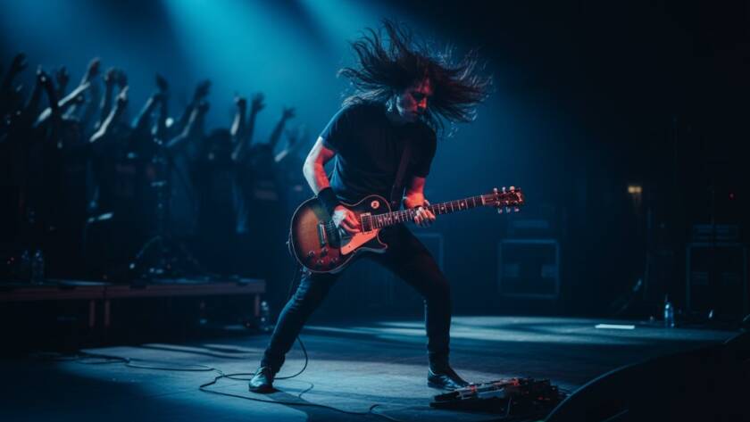 Dramatic close-up of a guitarist mid-solo on stage in Berwick, bathed in electric blue and red stage lights, with a blurred, energetic crowd in the background, perfectly capturing the Berwick Live Music Photography: Capturing Electric Concert Vibes.